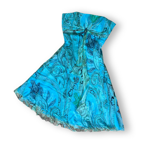 100% Silk Blue/Green Vintage Midi Dress with Rhinestones
